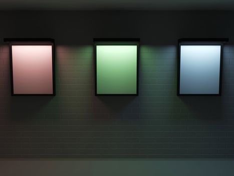 Gallery with color illumination of pictures on a wall