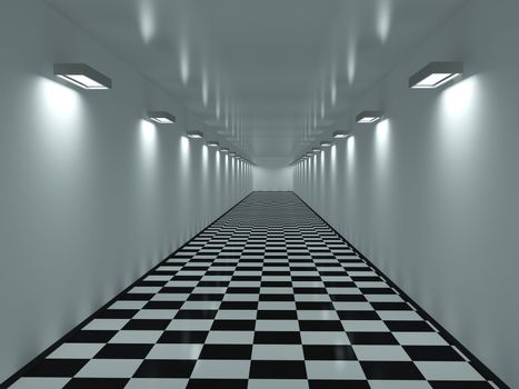 Long corridor with a tiles on a floor