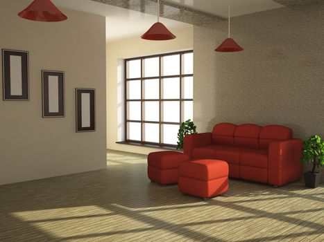 Interior of a room with a red sofa and a plant