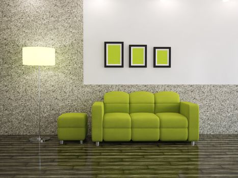 Interior of a room with a green sofa and a lamp