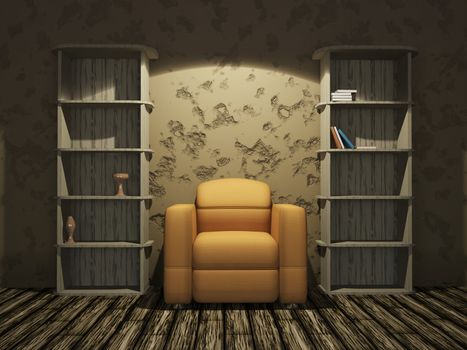 Interior with an old armchair and cases