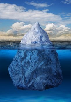 Iceberg floating in blue ocean, global warming concept