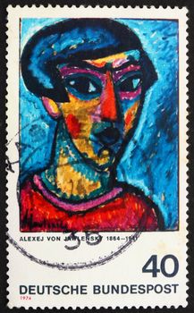 GERMANY - CIRCA 1974: a stamp printed in the Germany shows Portrait in Blue, Painting by Alexej von Jawlensky, German Expressionist Painter, circa 1974