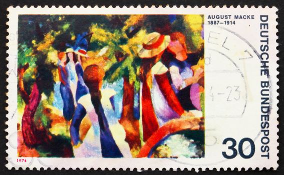 GERMANY - CIRCA 1974: a stamp printed in the Germany shows Girls under Trees, Painting by August Macke, German Expressionist Painter, circa 1974