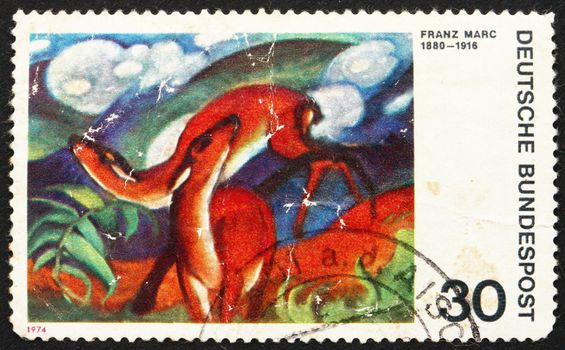 GERMANY - CIRCA 1974: a stamp printed in the Germany shows Deer in Red, Painting by Franz Marc, German Expressionist Painter, circa 1974