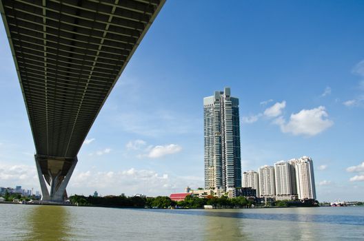 Residential buildings and businesses waterfront side the Chao Phraya River, Thailand.