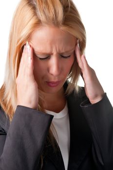 Business woman suffering from an headache, holding her hands to the head