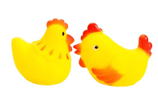 yellow rubber hen cock isolated on white background