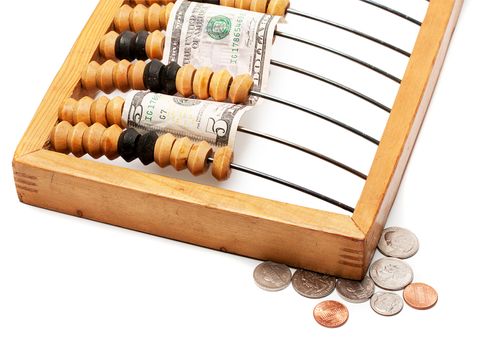 wooden abacus and dollar banknote concept isolated on white background