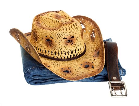 wicker straw hat , jeans and belt isolated on white background