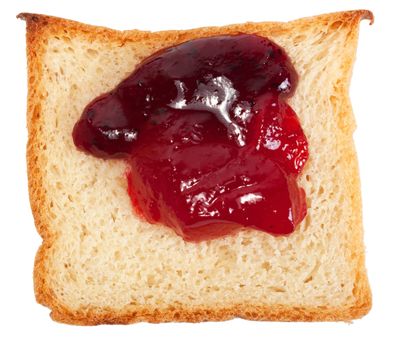 slice of bread with strawberry jam isolated on white background