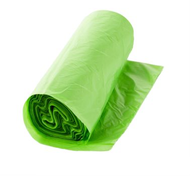 green recycling garbage bags on white background