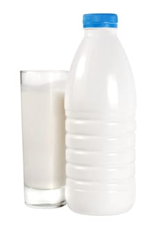 Glass of milk and bottle isolated on white background