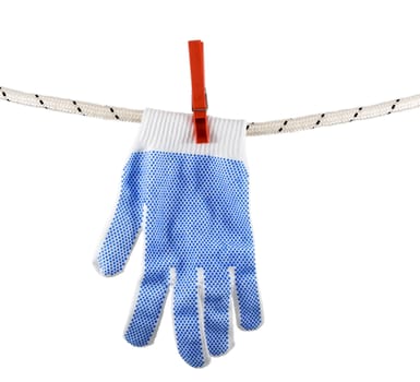 Gloves on rope colour clothes-peg isolated on white background