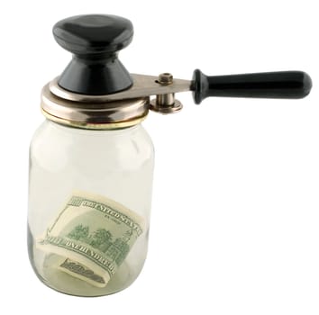 Money and Glass Jar isolated on a white background