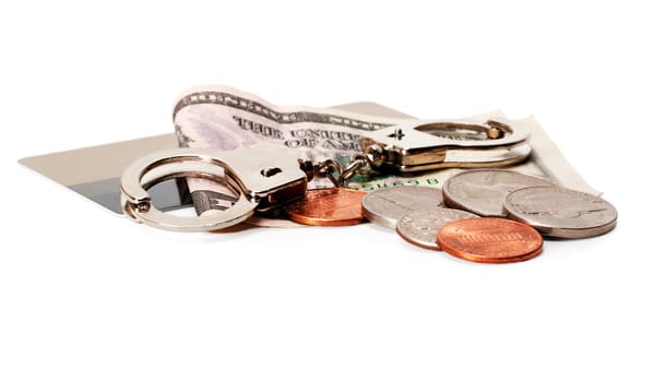 Money and handcuffs of credit card isolated on white background