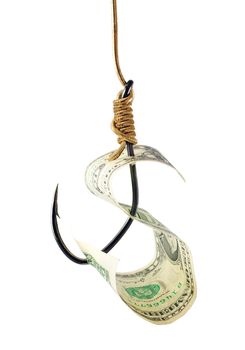 Fishing hook and money isolated on white background