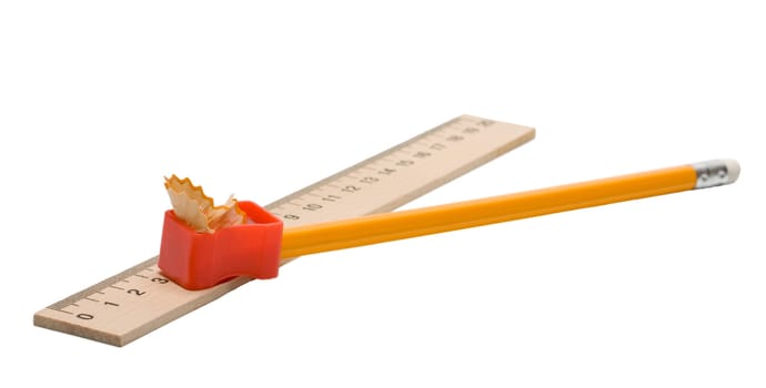 straightedge , pencil , pencil sharpener isolated on a white background