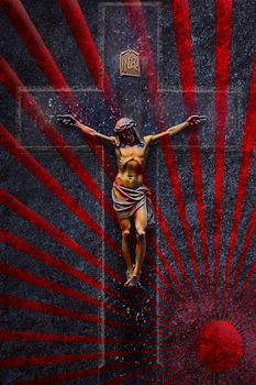 crucifixion in sunbeams grunge black background