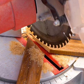 Circular saw cutting wooden plank