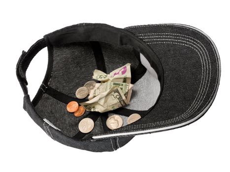 donate money in the baseball cap isolated on white background.