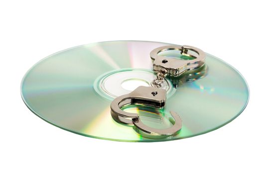 Cd with handcuffs isolated on white background.