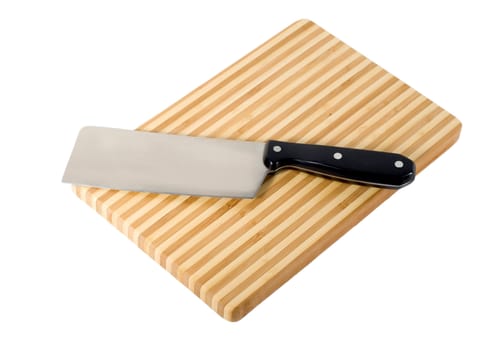 Meat-cleaver and chopping board isolated on white background