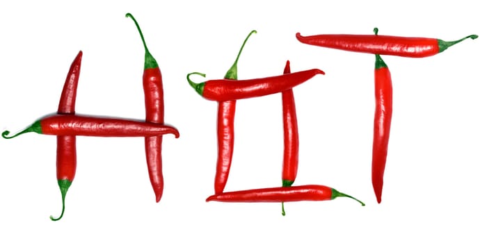 "HOT" spelled with chilli peppers isolated on white background.