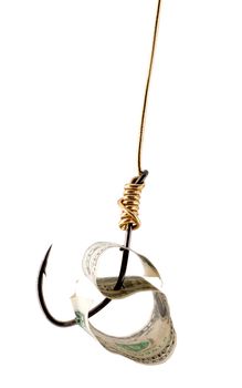 dollar USA on fishing hook isolated on white background.