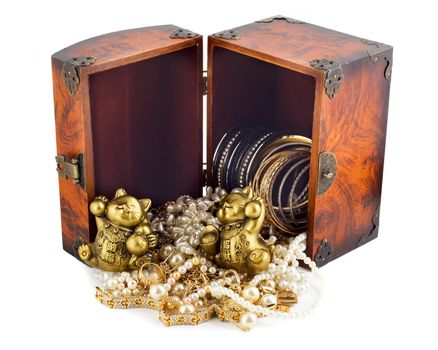 Treasure chest with golden lucky cat isolated on white background