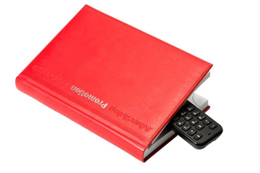 black phone in red organizer isolated on white background