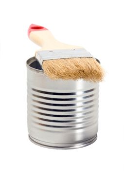 Tin paint and paint brush on white background