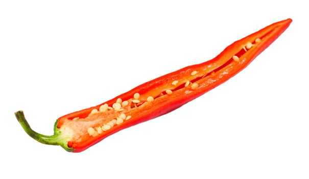 red chili peppers with seeds isolated on white background