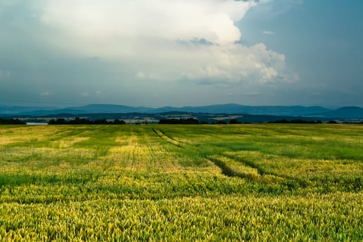 Beautiful rural view of cultivated valley with cloudscape on blue sky