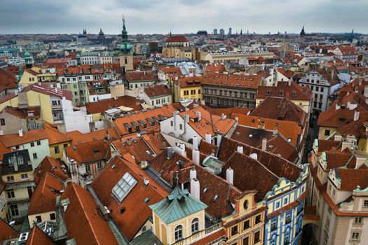 Prague vintage and brick roofs at high point of view