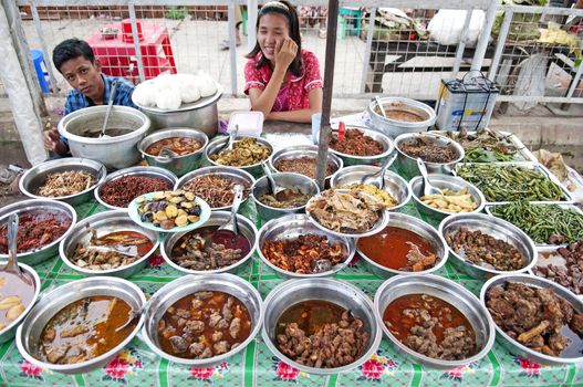 food stall in yangon myanmar with traditional burmese food