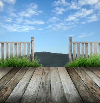 old wooden terrace and blue sky