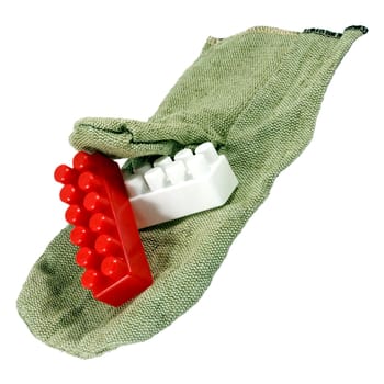 Construction child toy bricks in safety mitten