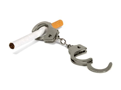 Cigarette in Handcuffs - addiction isolated on white background
