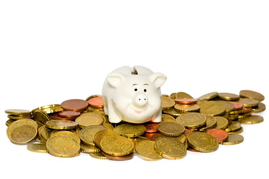 Piggy bank and coin isolated on white background