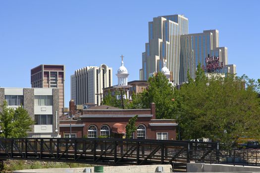 Downtown Reno Nevada casino building, residential, church and businesses 