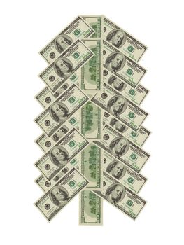 money christmas tree from usa dollars isolated on white background
