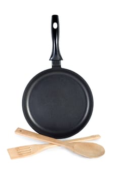 frying pan with set spoon isolated on white