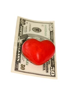 fifty dollar bill on heart concepts isolated on white background