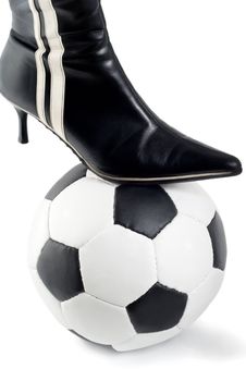 women shoe with soccer ball , close-up isolated on white background