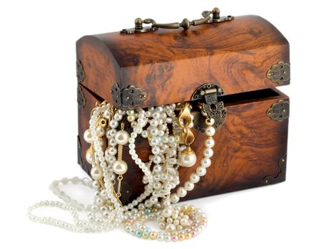 Treasure chest with pearl earrings , jewellery border , golden chains bracelets pearl isolated on white background