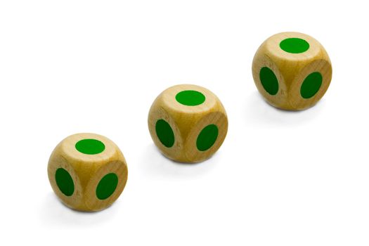 Three-dimensional wooden Game dice , isolated on white background