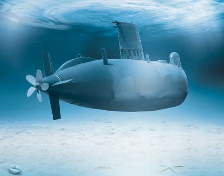 Submarine in the shallow water with sunlight effect