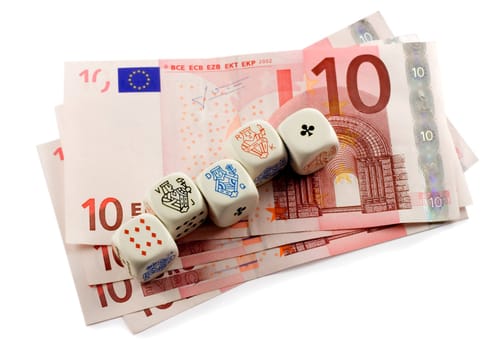 poker dice in euro money isolated on white background