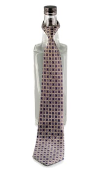 necktie in bottle vodka isolated on white background